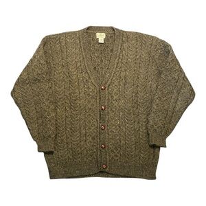 Vtg LL Bean Cardigan Sweater Ireland Wool Cable Knit Fisherman Mens XL Green